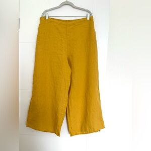 FLAX 100% LINEN Womens Large Yellow Crop Wide Leg Pull On Pocket Boho Pants EUC